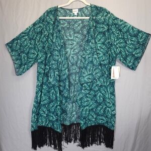 LuLaRoe Shirley Kimono Duster Wolf Print Fringe Boho Festival Women L Teal Green